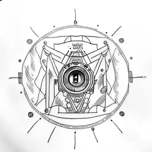 A Tattoo Of A Camera Lens With Elvish Script Forming The Aperture Blades