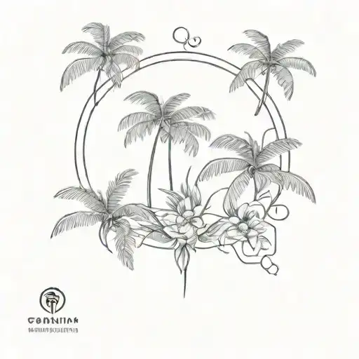 Palm Trees Branches Stretching Towards Different Directions With Tropical Flowers Surrounded