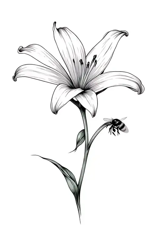 A White Lily Flower Single Stem With A Small Bumblebee