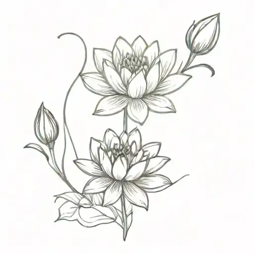 Fine Line Tattoo With Water Lily And Rose Intertwined With Stems