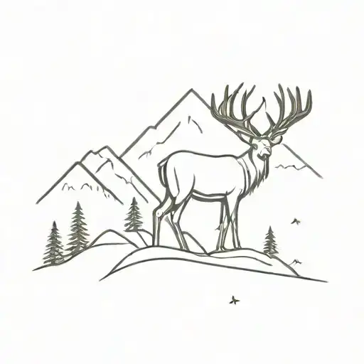 A Minimalist Tattoo Of A Deer Standing On A Mountain Peak With A Soccer Goal In The Background
