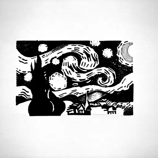 A Retangle Containing A Fine Line Outline Of The Bottom Part Of Van Gogh's Starry Night