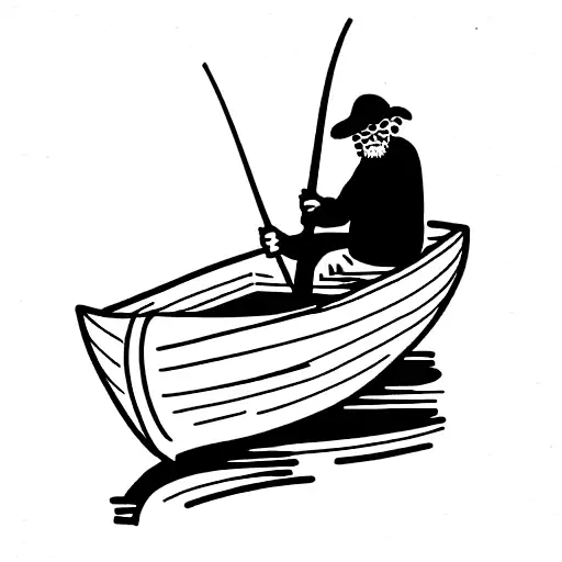 Old Man Fishing In A Small And Wrecked Boat