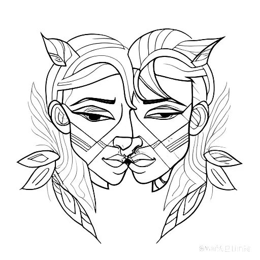 Single Line Tattoo Of A Male And Female Face