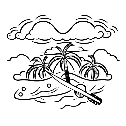 A Minimalist Tattoo Of A Serene Beach Scene With Palm Trees And A Guitar