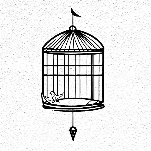Open Cage With A Dead Bird Inside And Other Flying Away From The Open Door