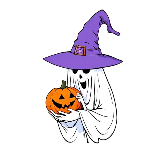 Ghost Wearing Purple Witch Hat Holding An Orange Pumpkin