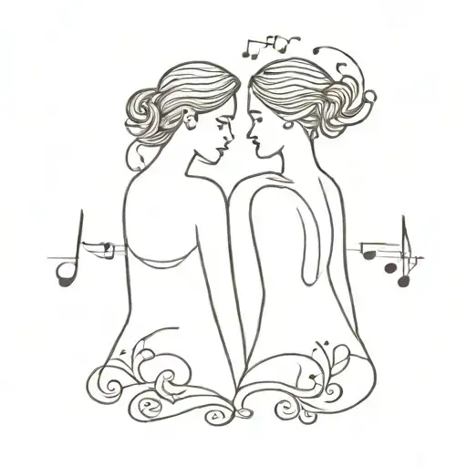 Two Sisters Facing Each Other Simple With Music Notes