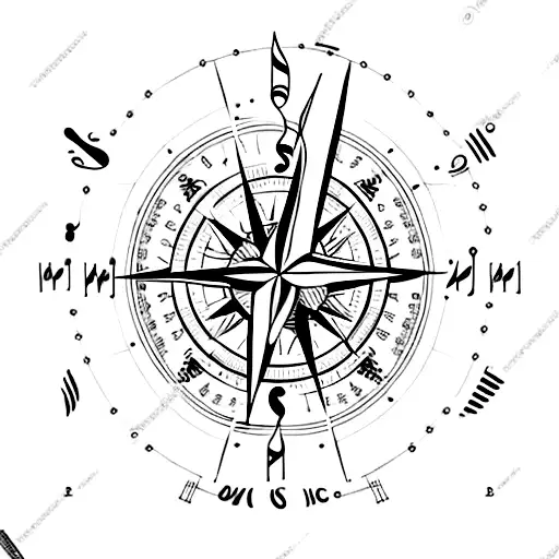A Compass With Music Symbols Pointing Towards A Beach
