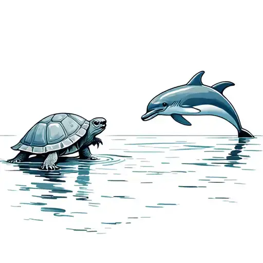 Tortoise On Land Meeting Dolphin In Water