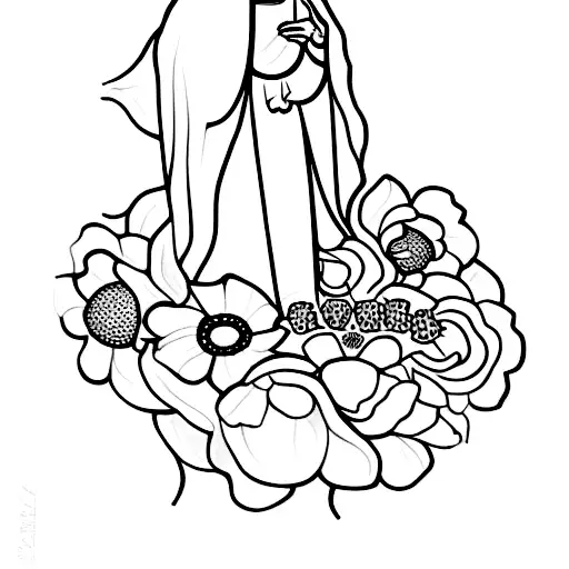 A Dotwork Tattoo Of The Virgin Mary Holding A Bouquet Of Flowers
