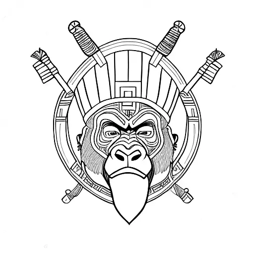 A Blackwork Tattoo Of A Gorilla Holding A Sword And Wearing A Greek Helmet