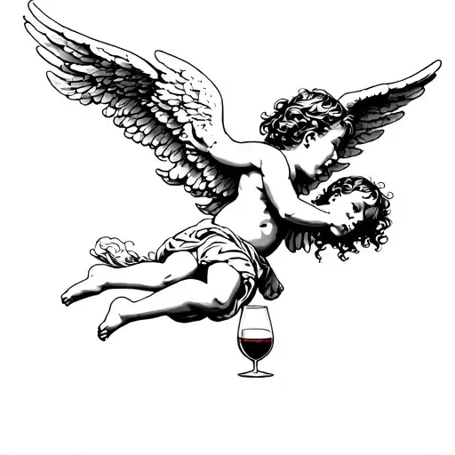 Children Angel Flying With Glass Of Wine