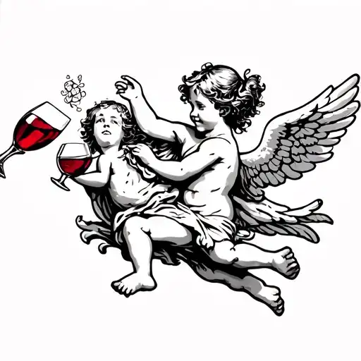 Children Angel Flying With Glass Of Wine