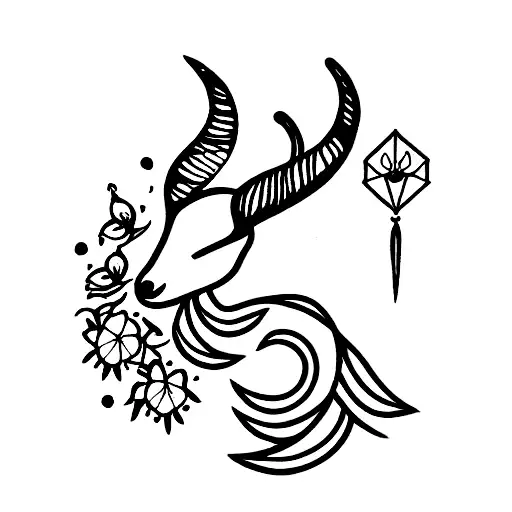 Capricorn With Little Flowers And A Bird Sitting On Their Horn