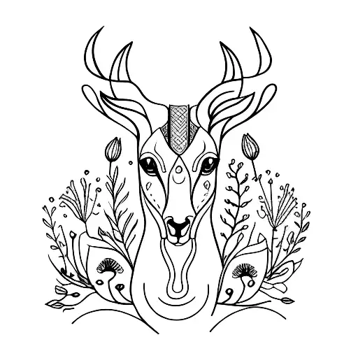 Fine Line Feminine Tattoo Of Springbok With Flowers