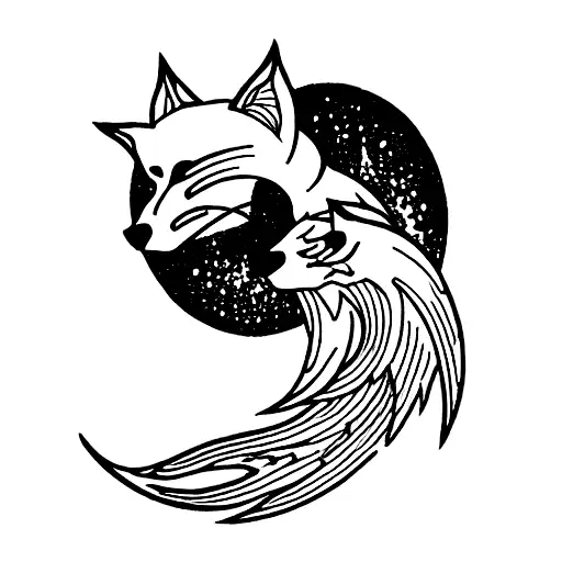 Fine Line Kitsune Nine Tailed Fox Curled Around Sword