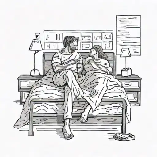 A Line Drawing Of A Man Getting Dressed On The Edge Of His Bed While His Wife Sleeps In The Bed