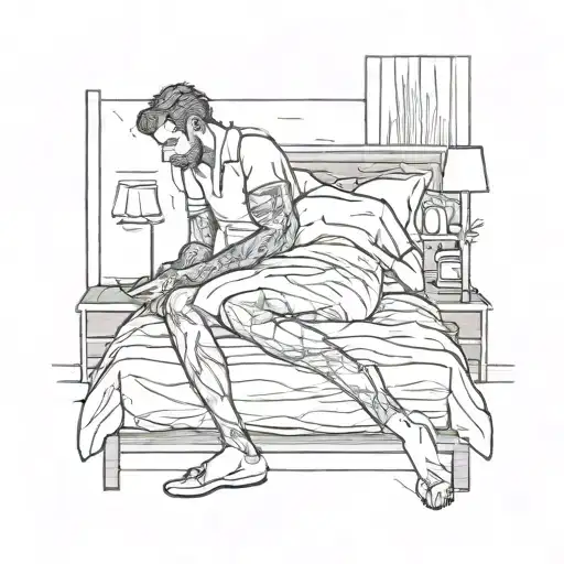 A Line Drawing Of A Man Getting Dressed On The Edge Of His Bed While His Wife Sleeps In The Bed