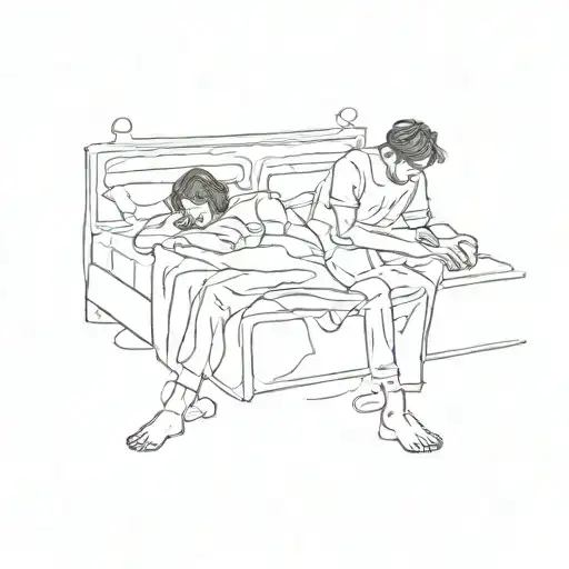 A Line Drawing Of A Man Getting Dressed On The Edge Of His Bed While His Wife Sleeps In The Bed
