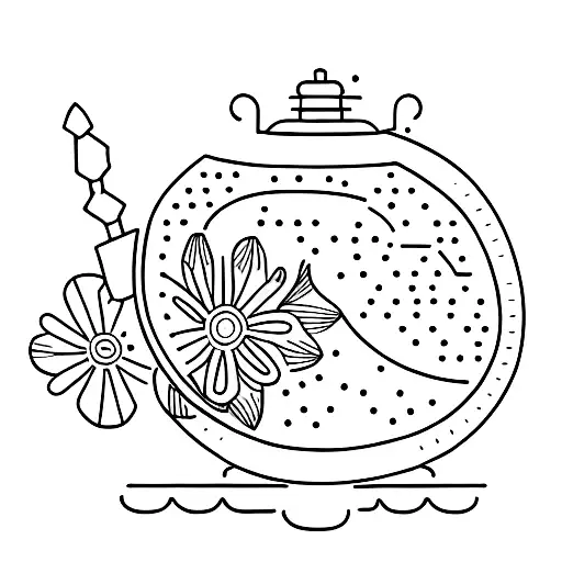 A Dotwork Tattoo Of A Pharmacist's Mortar And Pestle Surrounded By Delicate Floral Patterns