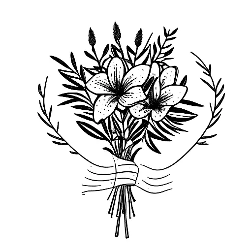 Bouquet With Lily Flower Blooming Out Of Rosemary And Olive Tree Branch