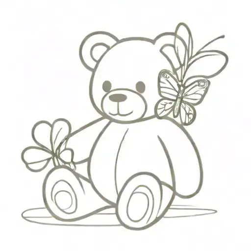 Line Art Teddy Bear Holding A 4 Leaf Clover With A Butterfly