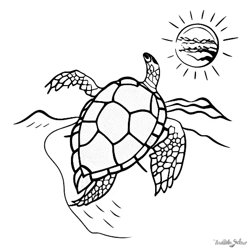 A Silhouette Of A Sea Turtle Against A Sunset On A Serene Beach