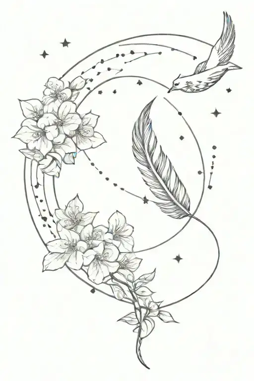 Constellation Sagittarius Planets Moon And Sun Books Feathers And Cherry Blossoms On