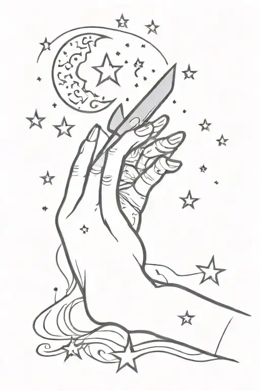 Witch Hand Holding Knife And Moon And Stars Are Falling