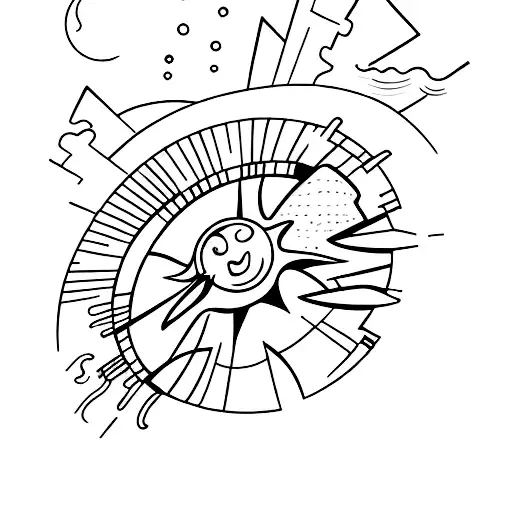 A Futuristic Cityscape With A Sun Setting Over The Ocean