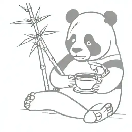 Sitting Panda Holding A Bamboo In One Hand And A Cup Of Coffee In The Other