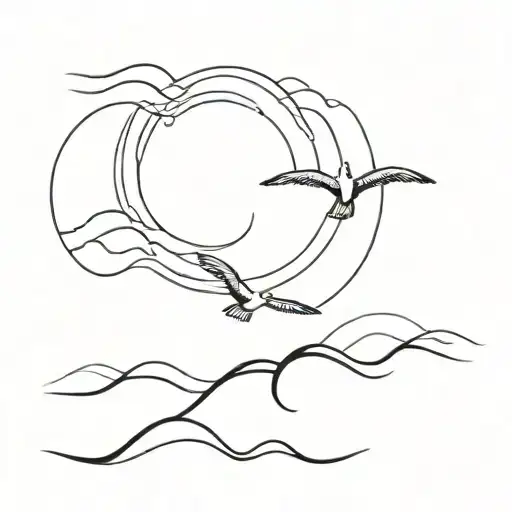 Waves With Sun And Gull One Line