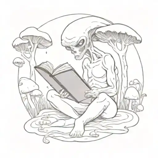 An Alien Creature Reading A Book Of Poems In A Forest Full Of Mushrooms