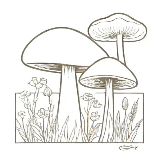 A Minimalist Tattoo Of A Mushroom Alien Exploring A Field Of Flowers