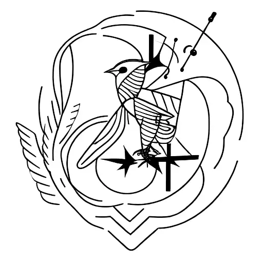 A Minimalist Tattoo Of A Robotic Bird Singing A Musical Note