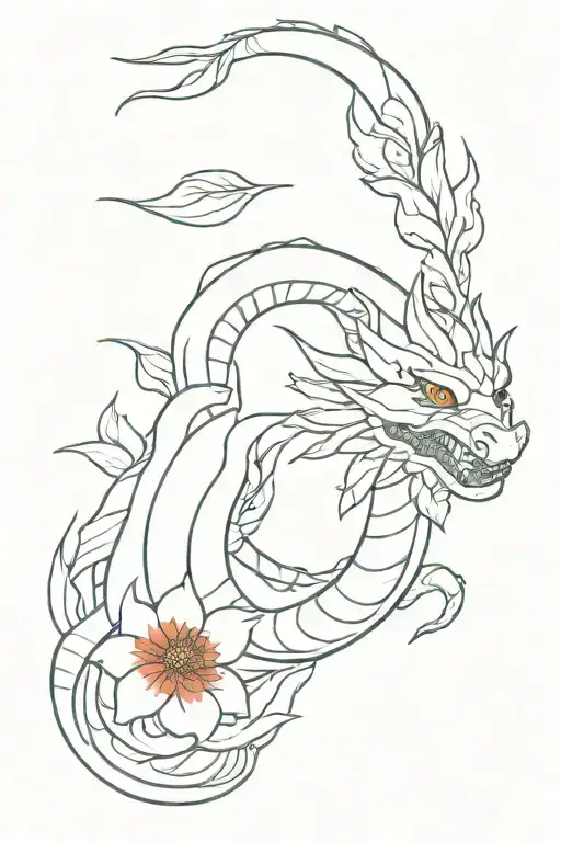 Fine Line Haku Dragon From Spirited Away With Red Flowers