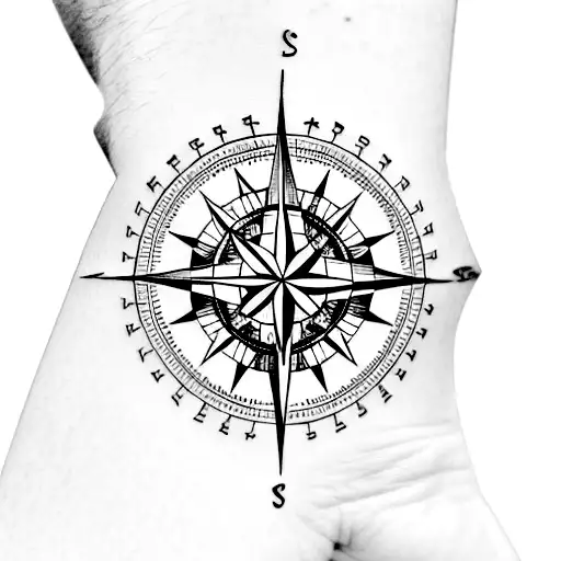 A Minimalist Tattoo Of A Compass Rose With The Phases Of The Moon Surrounding It Long Wrist