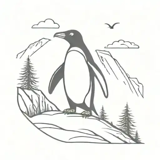 A Minimalist Design Of A Penguin Hiking Up A Mountain Trail