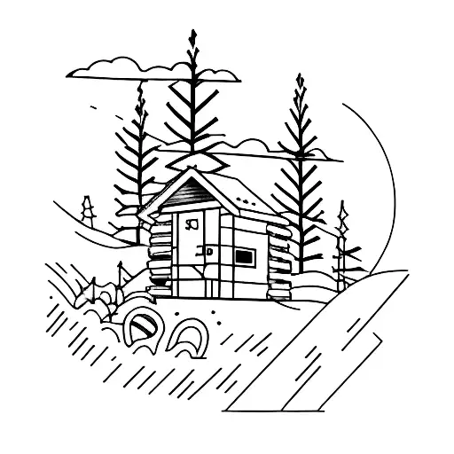 A Minimalist Tattoo Of A Summer Camp Cabin With A Sports Field In The Background