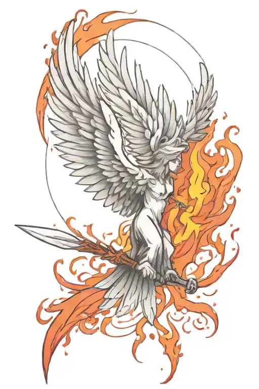Half Phoenix Half Angel Rising From Fire Holding Dagger