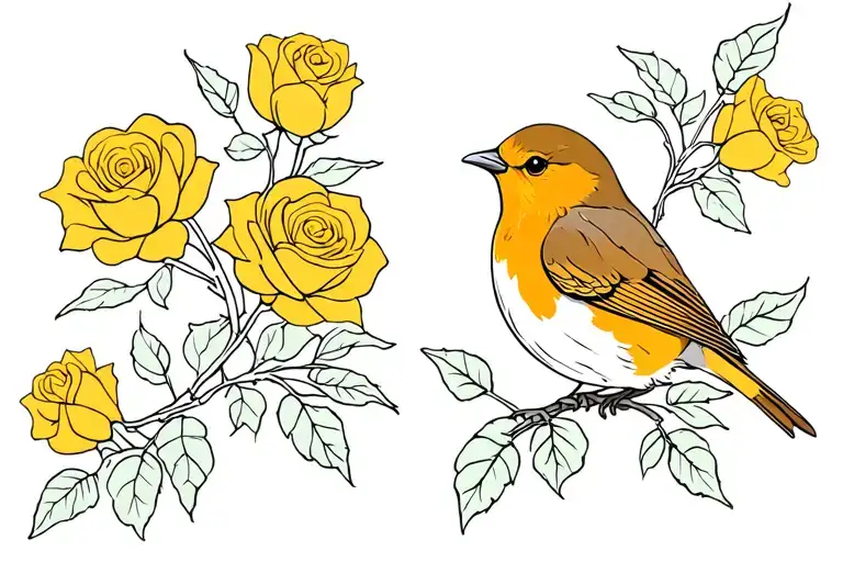 Robin Bird With Yellow Roses