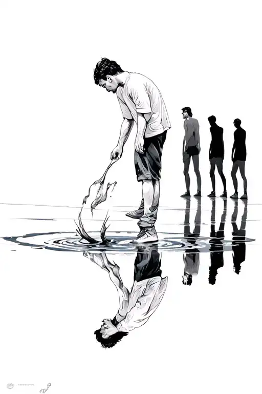 Man Looking Into A Puddle Reflection And There Being Multiple Different Reflections Of Himself
