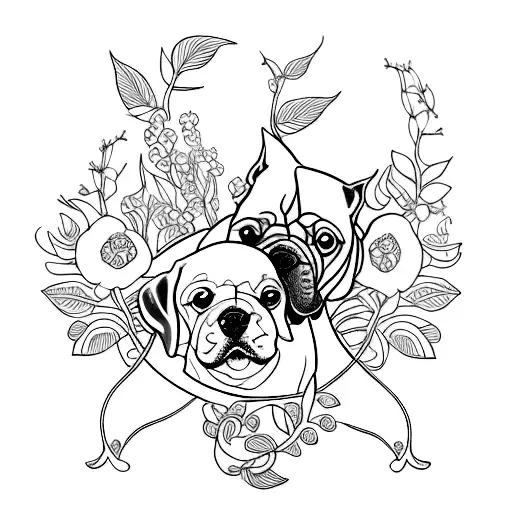 An Intricate Realistic Tattoo Of A Dog And Cat Intertwined With Vines And Flowers