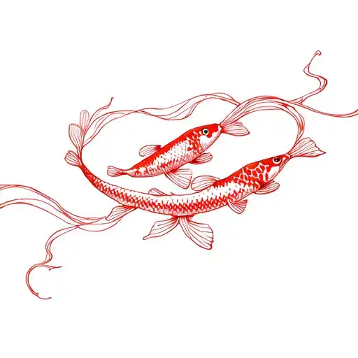 Koi Fish Swimming With A Stream Like Red Lines Between Them