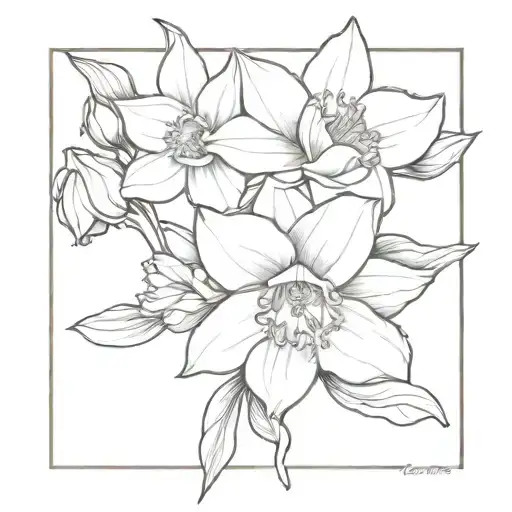 Daffodil Flower And Rose Bouquet Fine Line