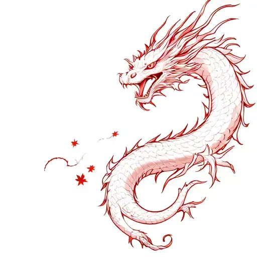 Fine Line Japanese Dragon Slithering Long Towering Over Samurai Red Highlights And Maple Leafs