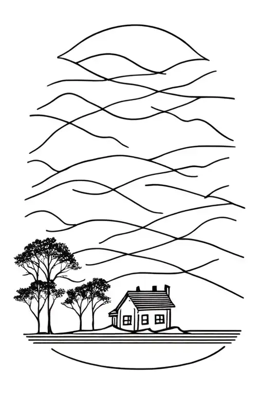 Banded Line With Trees And A House
