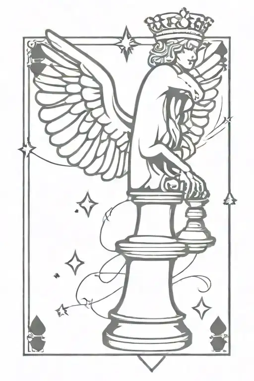 Shiny King Chess Piece With Angel Wings And Cards Orbiting Around It