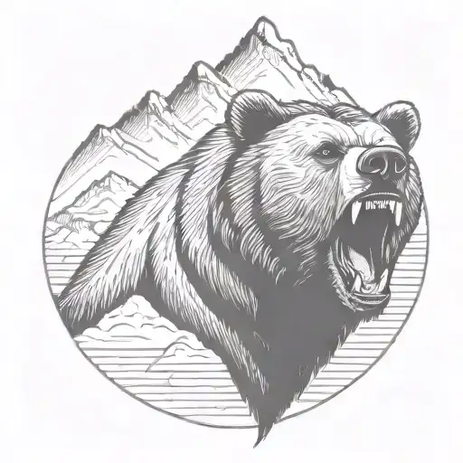 Roaring Grizzly Bear Head With Mountains In The Background